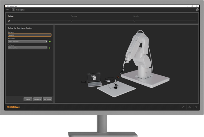 Monitor de desktop exibindo o estágio de configuração do quadro de ferramentas de uma célula de automação industrial usando o RCS Software Suite