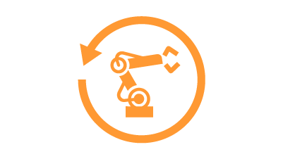 矢印の円の中にあるオレンジの産業ロボットアイコン